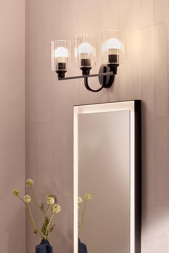 Kichler Gioe 24.25" 3-Light Vanity Light with Clear Fluted Glass in Black, Damp Rated, for Bathroom, Powder Room, Over a Mirror, (24.25" W x 10.5" H), 55226BKFLU