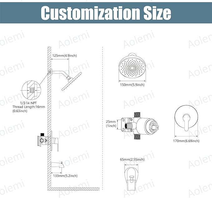 Aolemi Tub Shower Faucet Set With Valve Wall Mount Shower Trim Kit 6 Inch Bathtub Fixtures Rough-in Valve Single-Spray Shower Head System 5.3 Inch Tub Spout Brushed Gold Modern