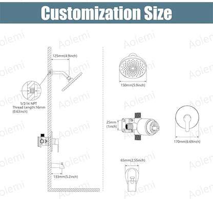 Aolemi Tub Shower Faucet Set With Valve Wall Mount Shower Trim Kit 6 Inch Bathtub Fixtures Rough-in Valve Single-Spray Shower Head System 5.3 Inch Tub Spout Brushed Gold Modern