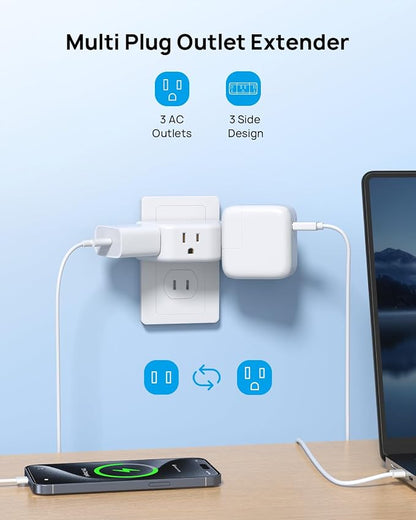 TROND 2 Prong to 3 Prong Outlet Adapter for Old House, 2 Pack | 3-Way Angled Wall Extender with 3 AC Sockets, Plug Expander for Non-Grounded Socket in Home Hotel, Cruise Essentials, White