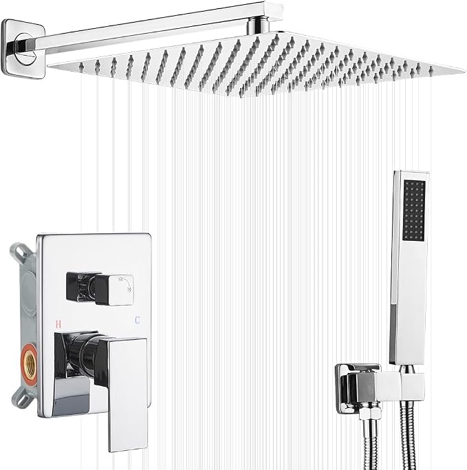 Shower Faucet Set 16 Inch Wall Mount Rain Shower System, All Metal Shower Fixtures - Polished Chrome