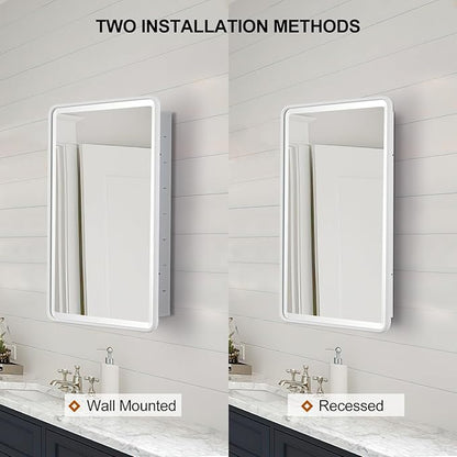 White Bathroom Medicine Cabinet with Mirror 17 x 27 Metal Frame Recessed Or Wall Mounted Single Door Storage Medicine Cabinets with Adjustable Shelves Rounded Corner Beveled Mirrors
