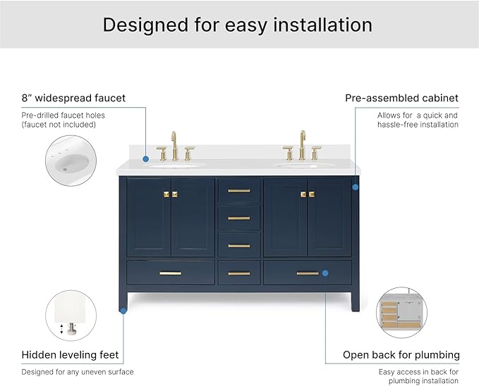 ARIEL Cambridge 60-inch Bathroom Vanity with Sink,Solid Wood, 1.5-inch Pure White Quartz Countertop & Backsplash, Double Oval Porcelain Sink, 4 Soft Closing Doors, 6 Dovetail Drawers, Midnight Blue
