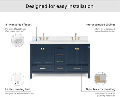 ARIEL Cambridge 60-inch Bathroom Vanity with Sink,Solid Wood, 1.5-inch Pure White Quartz Countertop & Backsplash, Double Oval Porcelain Sink, 4 Soft Closing Doors, 6 Dovetail Drawers, Midnight Blue