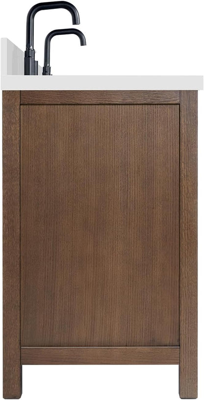 ARIEL Cambridge 72-inch Bathroom Vanity with Sink,Solid Wood, 1.5-inch Pure White Quartz Countertop & Backsplash, Double Oval Porcelain Sink, 4 Soft Closing Doors, 6 Dovetail Drawers, Brown Oak