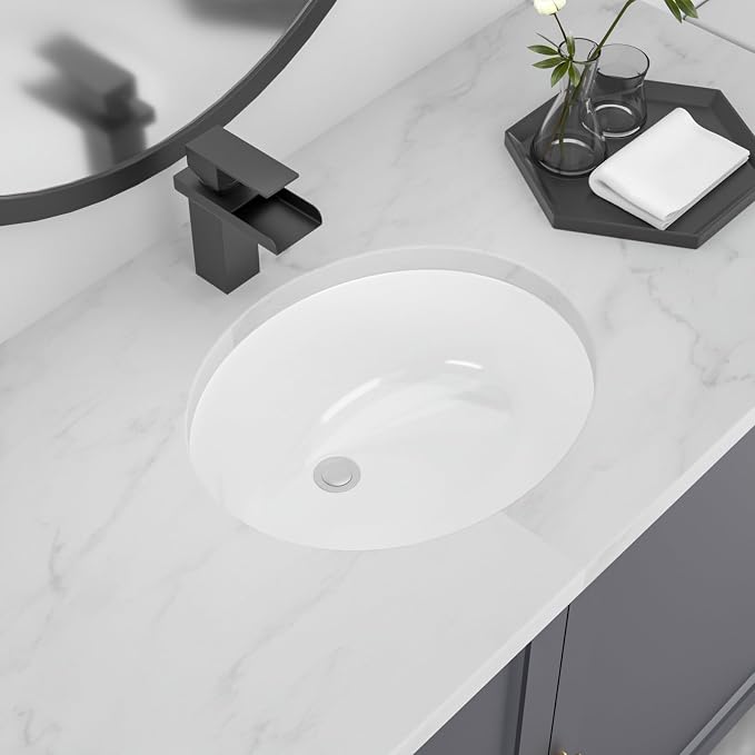 Undermount Bathroom Sink, 18''x15'' Oval Undermount Bathroom Sink White Porcelain Ceramic Bathroom Vessel Sink Under Counter Vanity Sink Bowl Lavatory Basin, inner dimension 16" x 13"