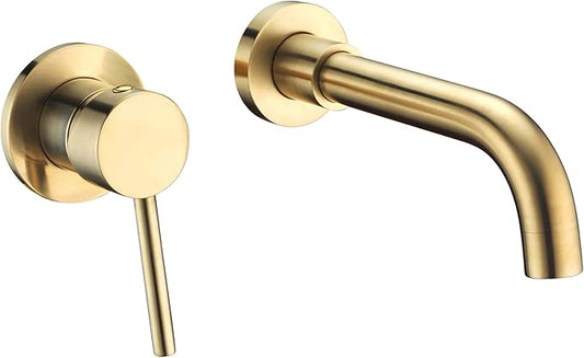 sumerain Wall Mount Bathroom Faucet Brushed Gold Lavatory Faucet, Single Left-Handed Handle