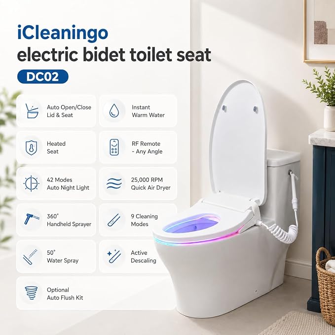 DC02 iCleaningo Electric Bidet Toilet Seat, Auto Open & Close Lid, Heated Seat, Adjustable Wash & Dry, 360° Handheld Sprayer, 42-Color Dual-Ring Ambient Light, Elongated, Remote
