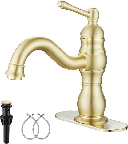 Bathroom Faucet Brushed Gold GGStudy 360° Swivel Bathroom Vanity Faucet Single Handle One Hole Bathroom Sink Faucet Basin Matching Pop Up Drain with Overflow