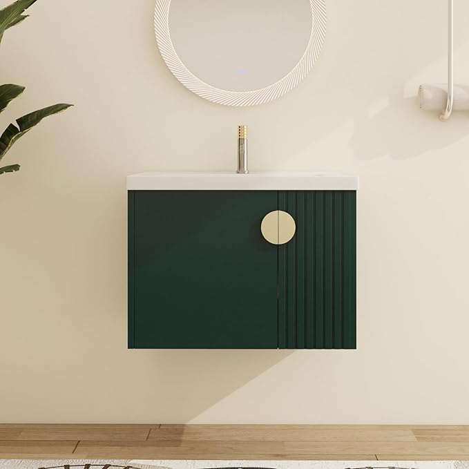 Malwee 28" Floating Bathroom Vanity with Sink, 28 Inch Single Sink Wall Mounted Bathroom Vanity, with 2 Doors and White Ceramic Basin Top, Green Cabinet Set with 3 Color Handles (081-28)