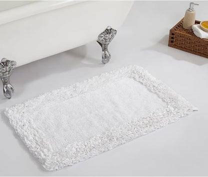 Better Trends Bath Rug 100% Cotton Non-Slip Bath Mat Soft Water Absorbent, Washable Rugs for Bedroom, Bathroom Floor Decor, Tub, Laundry Room Kitchen Rug, 21" x 34" White Shaggy Border Collection
