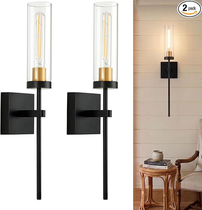 Battery Operated Wall Sconce Set of 2, Black & Gold Wireless Sconces Wall Decor, Rechargeable Wall Lights for Bedroom Living Room Entryway Bathroom Hallway Stairwell