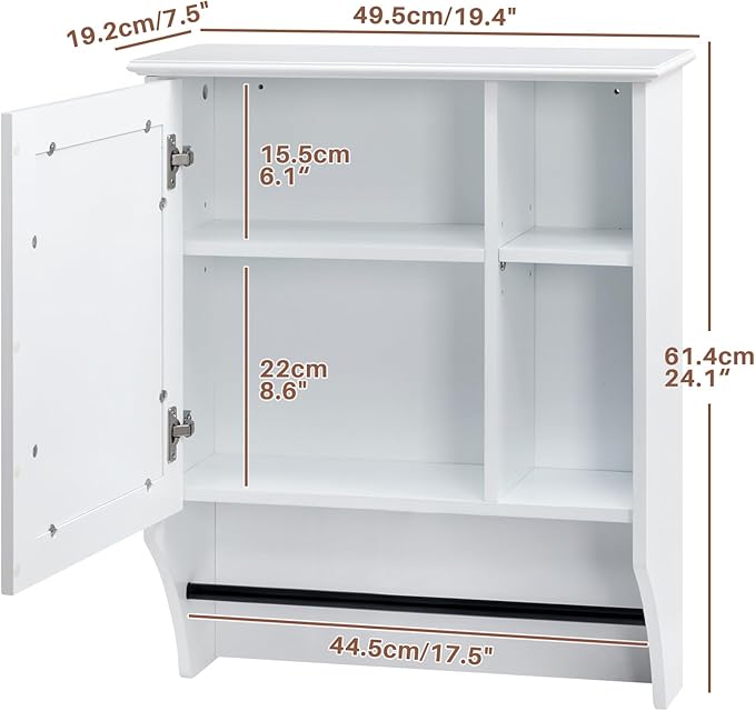ALIMORDEN Medicine Cabinet, Bathroom Wall Cabinet with Towel Bar, Adjustable Shelves, Wall Mounted Bathroom Mirror, 19.68" D x 7.7" W x 24.2" H, White