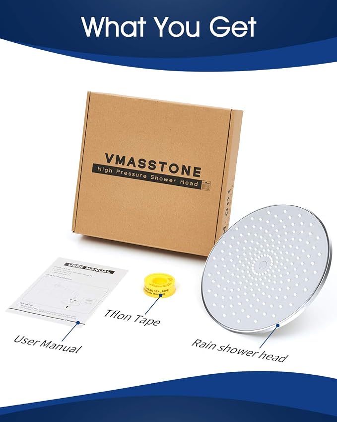 Waterfall Showerhead VMASSTONE High Pressure Showerhead - Tool Free Installation- with Large Spray Surfaces and 200 Nozzles for Delicate and Unstimulate Shower Experience (EM-001 Chrome/Light Grey)