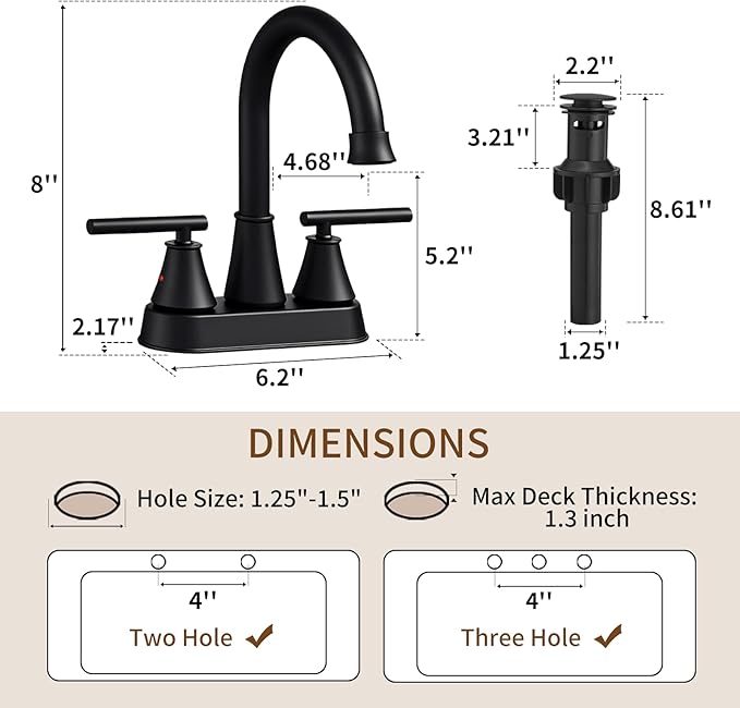 Bathroom Sink Faucet 4 Inch 2 Handle Centerset Matte Black Lead-Free Modern Bathroom Faucet Vanity Faucet with Pop-up Drain Stopper and Supply Hoses