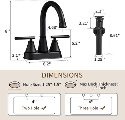 Bathroom Sink Faucet 4 Inch 2 Handle Centerset Matte Black Lead-Free Modern Bathroom Faucet Vanity Faucet with Pop-up Drain Stopper and Supply Hoses