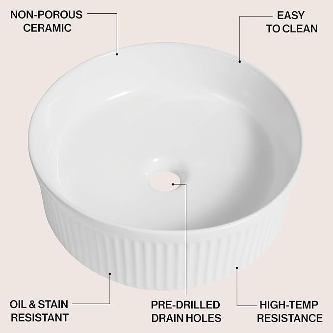 JONATHAN Y Element 14.75" Round Fluted Vessel Sink, White | Ceramic, Above Counter Vanity Basin, 5.25" Height, 1.75" Drain Hole, Stain Resistant Glaze, Modern Minimalist Style