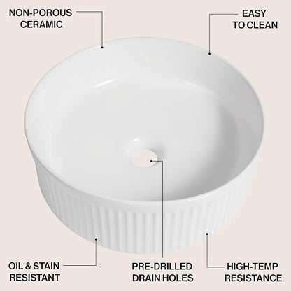 JONATHAN Y Element 14.75" Round Fluted Vessel Sink, White | Ceramic, Above Counter Vanity Basin, 5.25" Height, 1.75" Drain Hole, Stain Resistant Glaze, Modern Minimalist Style