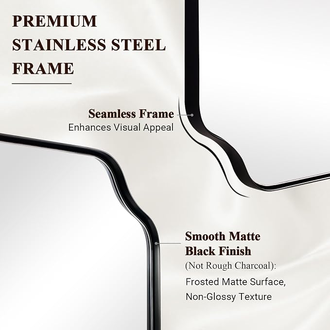 Matte Black Mirror 26x38 Inch, Scalloped Wall Mirror, Unique Rectangular Bathroom Mirror in Premium Stainless Steel Metal Frame 1’’ Deep, Hangs Vertically/Horizontally