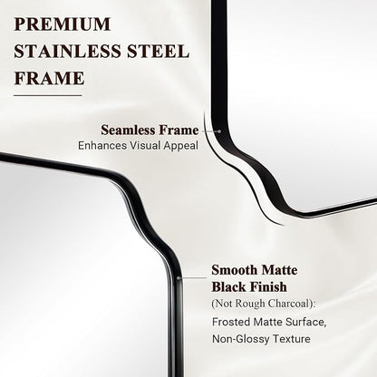 Matte Black Mirror 26x38 Inch, Scalloped Wall Mirror, Unique Rectangular Bathroom Mirror in Premium Stainless Steel Metal Frame 1’’ Deep, Hangs Vertically/Horizontally