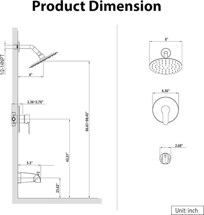 Esnbia Matte Black Shower Faucet Set, 8-Inch Rain Shower Head and Handle Set, Bathtub Shower Faucet Set with Single Handle and Tub spout, Shower Valve Included, Matte Black | Single handle control, shower valve & tub spout included, dual shower & bath ...