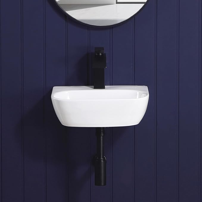 Small Vessel Sink 17"x12" Wall Mount Bathroom Sink Wall Mounted Oval Wall Hung Mini White Porcelain Ceramic Floating Tiny Sink,Easy Install, Durable, Space-Saving, Ideal for Home,RV