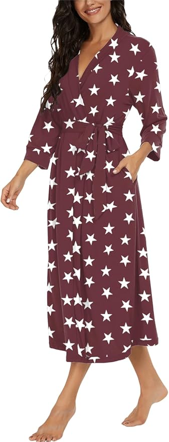 VINTATRE Women Kimono Robes Long Knit Bathrobe Lightweight Soft Knit Sleepwear V-neck Casual Ladies Loungewear