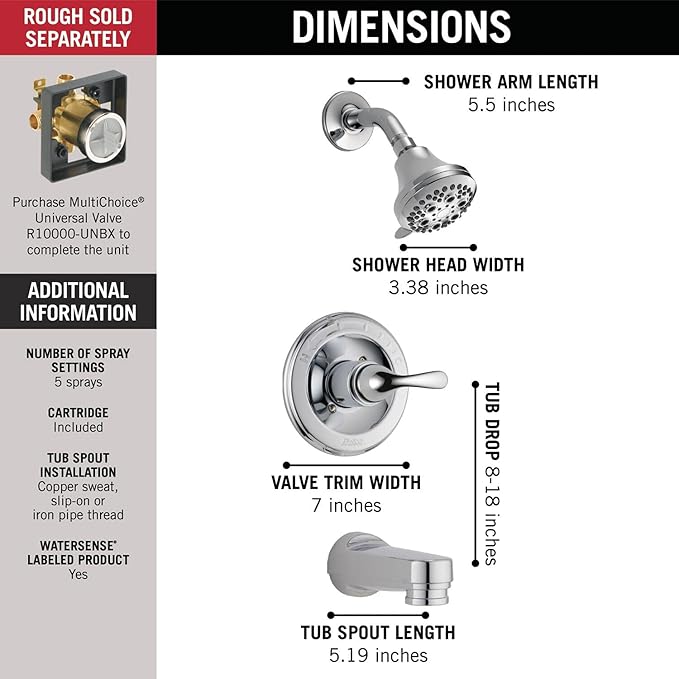 Delta Classic 13 Series 5-Setting Bathtub and Shower Faucet Set, Chrome Shower Head and Handle Set, Valve Trim Kit, Chrome T13220-PD (Valve Not Included)