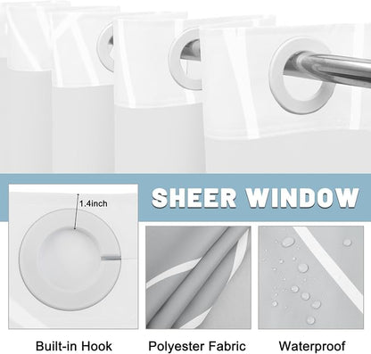 Ombre Light Grey No Hook Shower Curtain with Liner, 71 x 74 Inch | Stripe Pattern,Waterproof,Quick Dry,Mesh Top Window,Bottom Magnets,Hotel Style,Machine Washable,Modern,for Bathroom