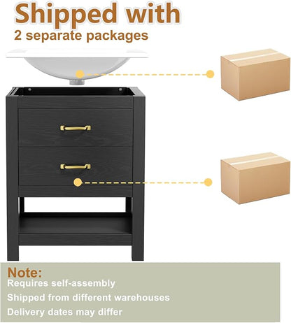 Bathroom Vanity with Sink, 24 Inch Small Bathroom Storage Cabinet with Double Drawers, Freestanding Modern Bathroom Cabinet with Open Bottom Shelf & LED Light, Black