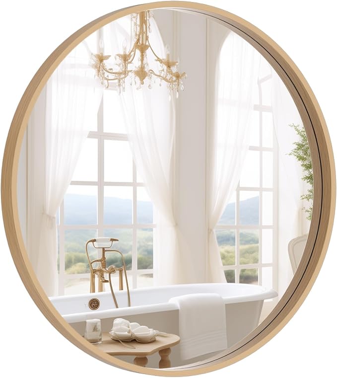 Round Wood Mirror 24 inch Circle Wall Mirror for Bathroom Round Wall Mirror for Wall Decor, Vanity, Entryway Living Room (Natural)