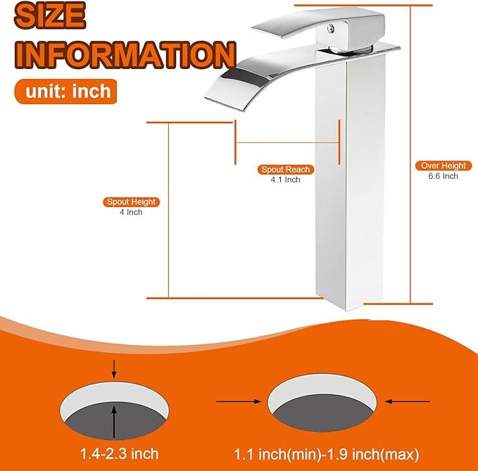 Chrome Bathroom Vessel Sink Faucet, Waterfall Type Spout Tall Body High 1 Hole Single Handle with Pop Up Drain Combo Parts Vanity Mixer Tap Commercial Basin Bowl Sink