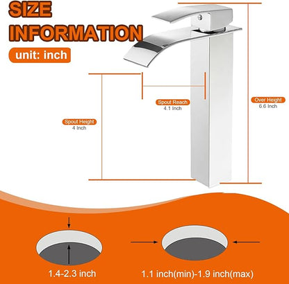 Chrome Bathroom Vessel Sink Faucet, Waterfall Type Spout Tall Body High 1 Hole Single Handle with Pop Up Drain Combo Parts Vanity Mixer Tap Commercial Basin Bowl Sink