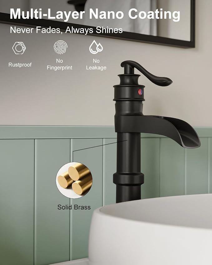BWE Matte Black Vessel Sink Faucet Waterfall Tall Bathroom Faucet | Single Handle 1 Hole Brass Countertop Lavatory Vanity Mixer Tap with Pop Up Drain and Supply Lines for RV Bar No Overflow