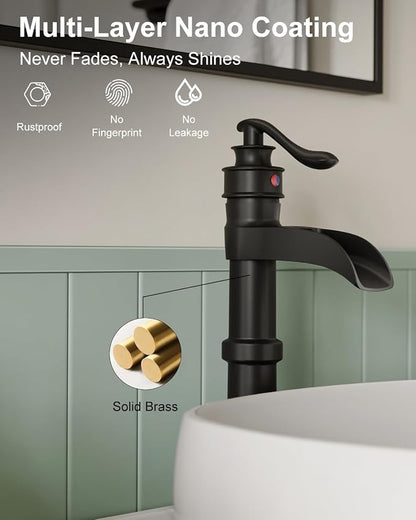BWE Matte Black Vessel Sink Faucet Waterfall Tall Bathroom Faucet | Single Handle 1 Hole Brass Countertop Lavatory Vanity Mixer Tap with Pop Up Drain and Supply Lines for RV Bar No Overflow