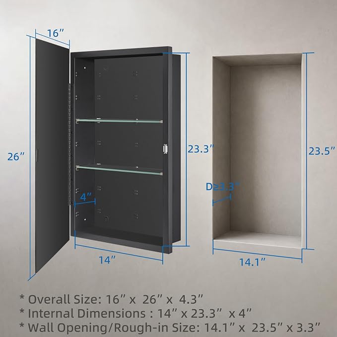 IDYLLOR Black Bathroom Medicine Cabinet with Beveled Edge Mirrored Door 16 x 26 inch, Recessed or Surface Mount, with Adjustable Glass Shelves