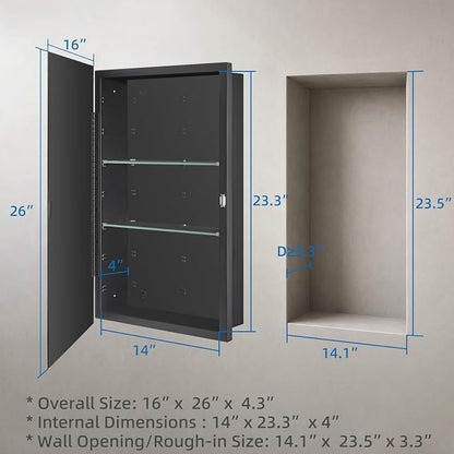 IDYLLOR Black Bathroom Medicine Cabinet with Beveled Edge Mirrored Door 16 x 26 inch, Recessed or Surface Mount, with Adjustable Glass Shelves