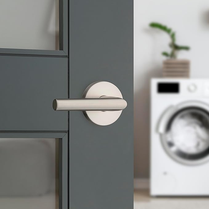 Kwikset Milan Interior Passage Door Handle, Lever For Closet and Hallway Doors, Reversible Non-Locking Handle Lever, Satin Nickel