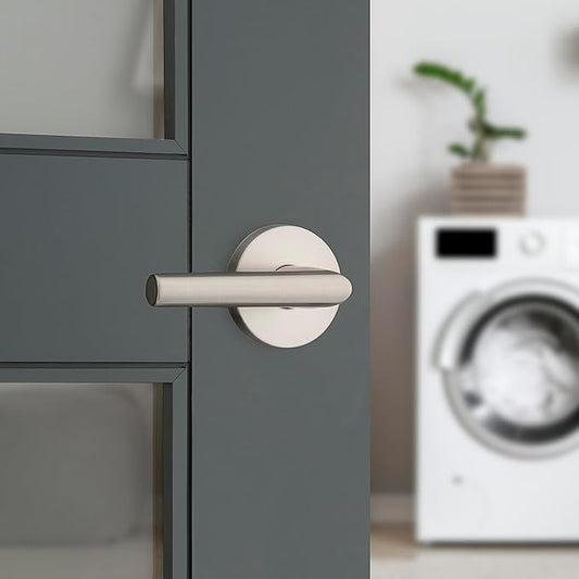 Kwikset Milan Interior Passage Door Handle, Lever For Closet and Hallway Doors, Reversible Non-Locking Handle Lever, Satin Nickel