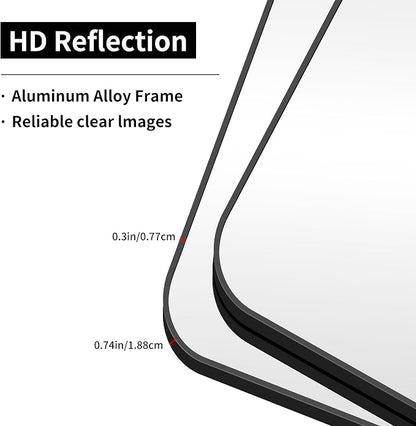 Black Bathroom Mirror, 28x42 inch Aluminum Metal Frame Rectangular Vanity Mirror, Wall Mounted Rectangle Mirrors with Rounded Corner for Bedroom Living Room Hangs Horizontal Or Vertical