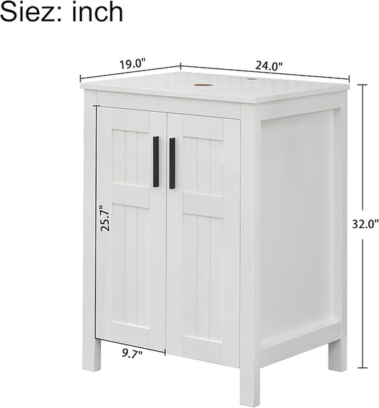 UEV White 24" Bathroom Vanity Without Sink,Modern Freestanding Sink Cabinet,Stylish Bathroom Vanity Cabinet,Grooved Double Doors,Metal Handles