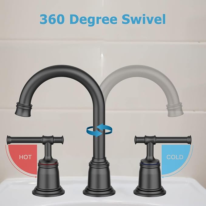 Classical 8 Inch Bathroom Faucet, Bathroom Faucets for Sink 3 Holes, Widespread Brushed Nickel Bathroom Faucet with Pop Up Drain and CUPC-Certified Safe Hose (Matte Black 2 Packs)