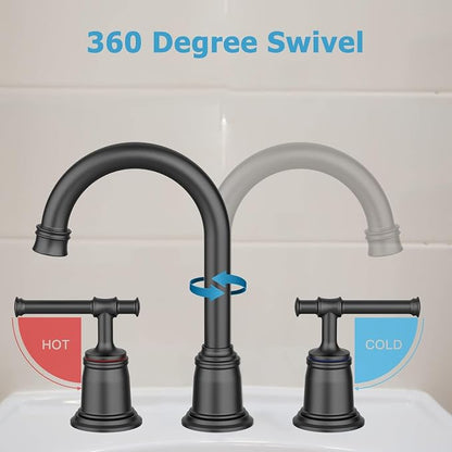 Classical 8 Inch Bathroom Faucet, Bathroom Faucets for Sink 3 Holes, Widespread Brushed Nickel Bathroom Faucet with Pop Up Drain and CUPC-Certified Safe Hose (Matte Black 2 Packs)