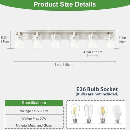 Modern Bathroom Lighting Fixtures Over Mirror, Vanity Lights for Bathroom, Wall Sconces with Clear Glass Shades, E26 Ceramic Socket, 6-Light 43-inch Brushed Nickel