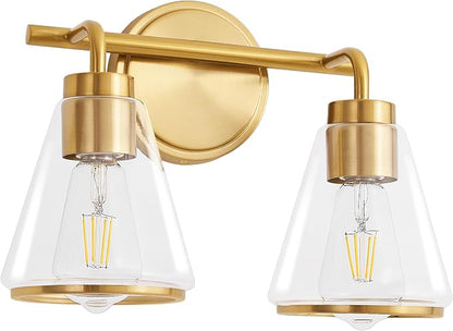 14" 2-Light Brushed Gold Modern Bathroom Vanity Light Fixtures Over Mirror | Clear Glass Shade, Heat-Resistant Ceramic E26 Socket, Wall Sconces, Rustproof, Fit 16–22 Inch Mirrors for Vanity Table
