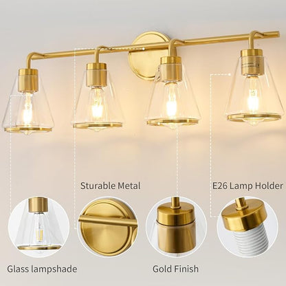30" 4-Light Brushed Gold Modern Bathroom Vanity Light Fixtures Over Mirror | Clear Glass Shade, Heat-Resistant Ceramic E26 Socket, Wall Sconces, Rustproof, Fit 32–40 Inch Mirrors for Vanity Table