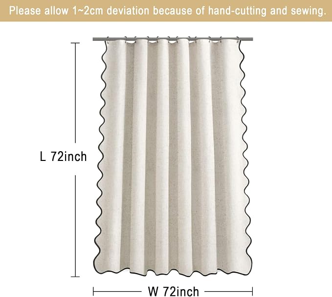 Scalloped Shower Curtain Linen Boho Ivory White 72" W x 72" L | Linen Fabric, Black Border, Washable, Heavy Duty Cloth, Shower Curtain for Boho Farmhouse Bathroom Bathtub