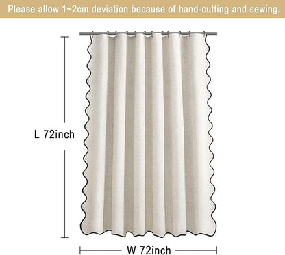 Scalloped Shower Curtain Linen Boho Ivory White 72" W x 72" L | Linen Fabric, Black Border, Washable, Heavy Duty Cloth, Shower Curtain for Boho Farmhouse Bathroom Bathtub