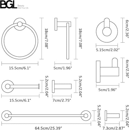 BGL Bathroom Accessory Set,4-Piece Brushed Nickel Towel Racks for Bathroom, 24 Inches Towel Bar, Towel Ring, Toilet Paper Holder & Robe Hook, Wall Mounted
