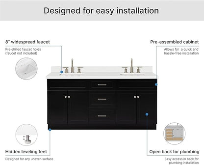 ARIEL Hamlet 72-inch Bathroom Vanity with Sink,Solid Wood, 1.5-inch Pure White Quartz Countertop & Backsplash, Double Rectangular Porcelain Sink, 4 Soft Closing Doors, 3 Dovetail Drawers, Black